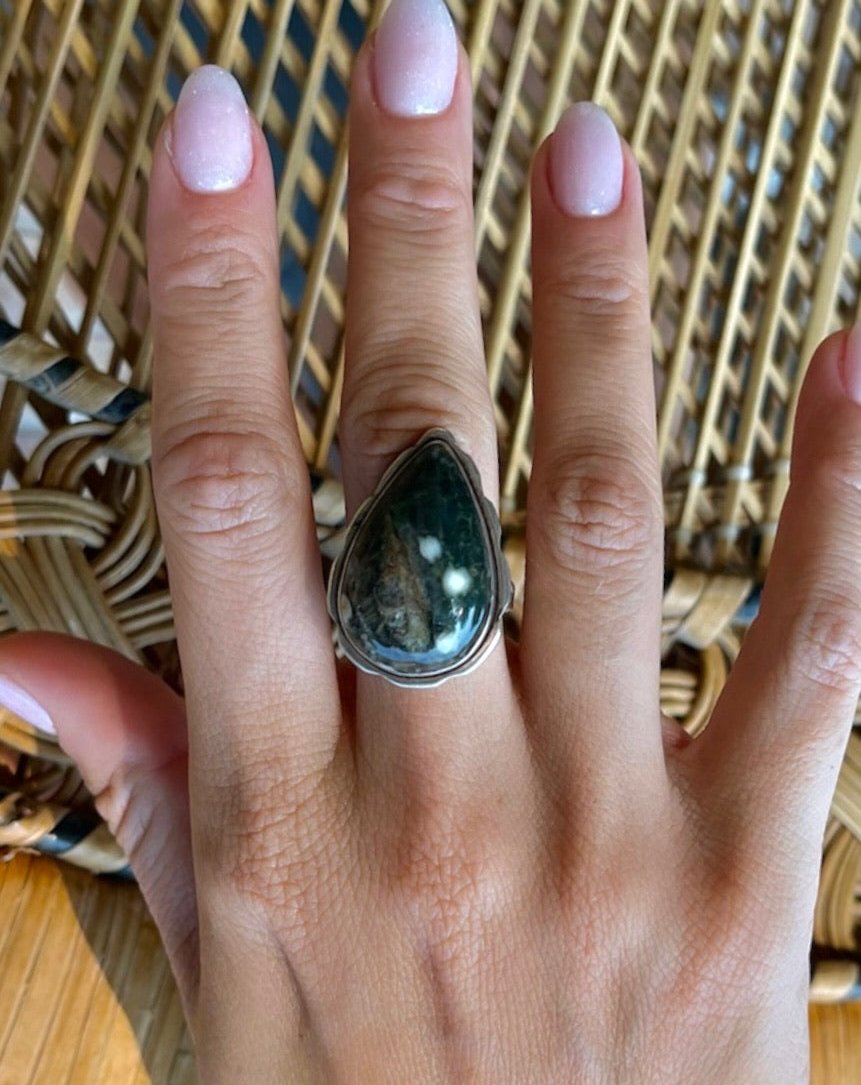 Ocean Jasper Tear Drop Sterling Silver Ring