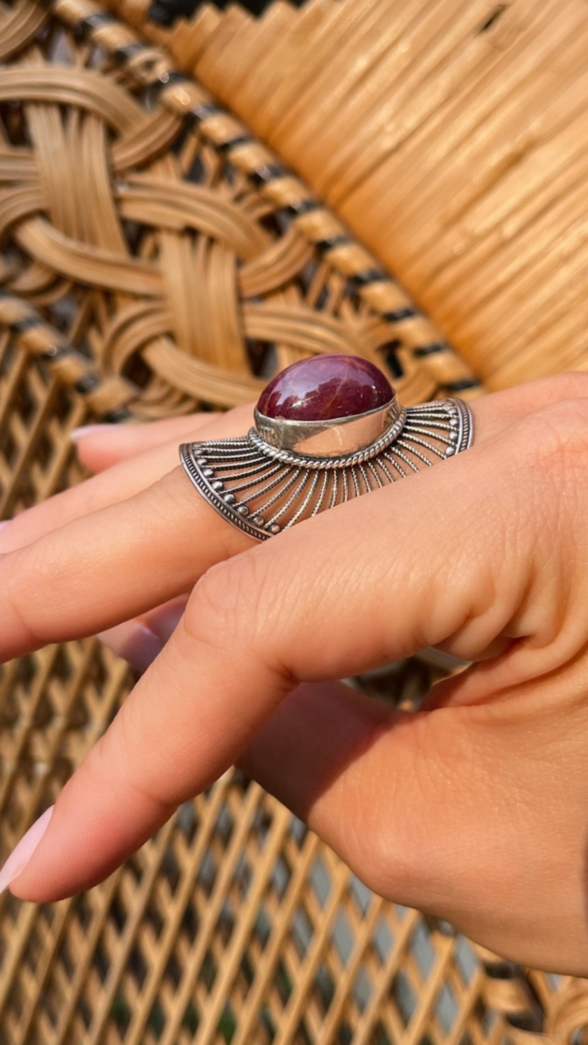 Ruby Star Sunburst Shield Sterling Silver Ring