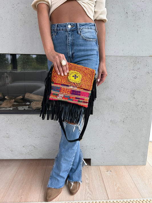 Black Leather Fringe Banjara Side Bag