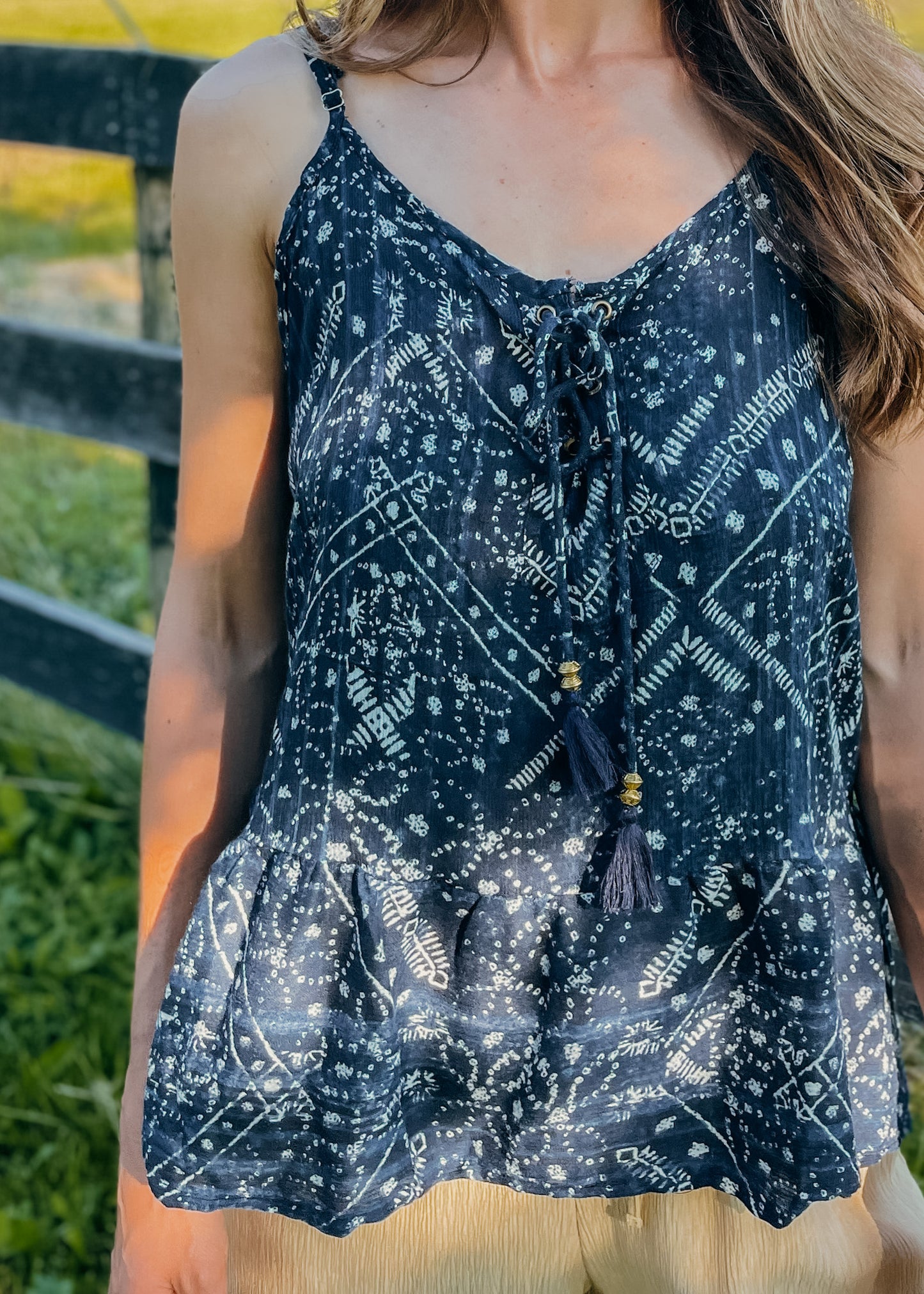 Navy Tassel Tie Tank Top