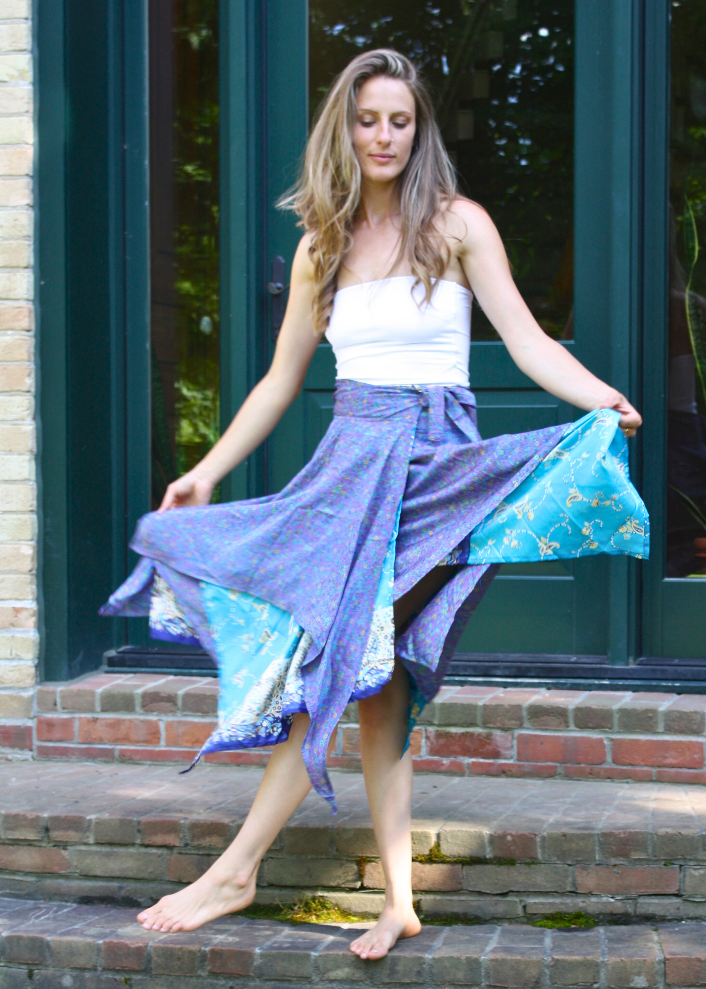 Midi Diamond Multi Wear Reversible Skirt - Blue Flower Mix